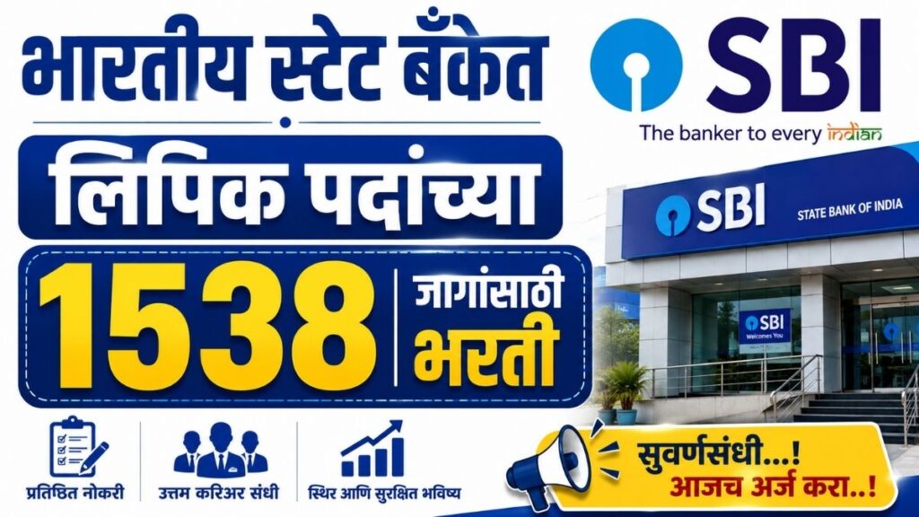 SBI Clerk Bharti : भारतीय स्टेट बँकेत लिपिक पदांच्या 1538 जागांसाठी भरती Recruitment for 1,538 Clerk posts at the State Bank of India